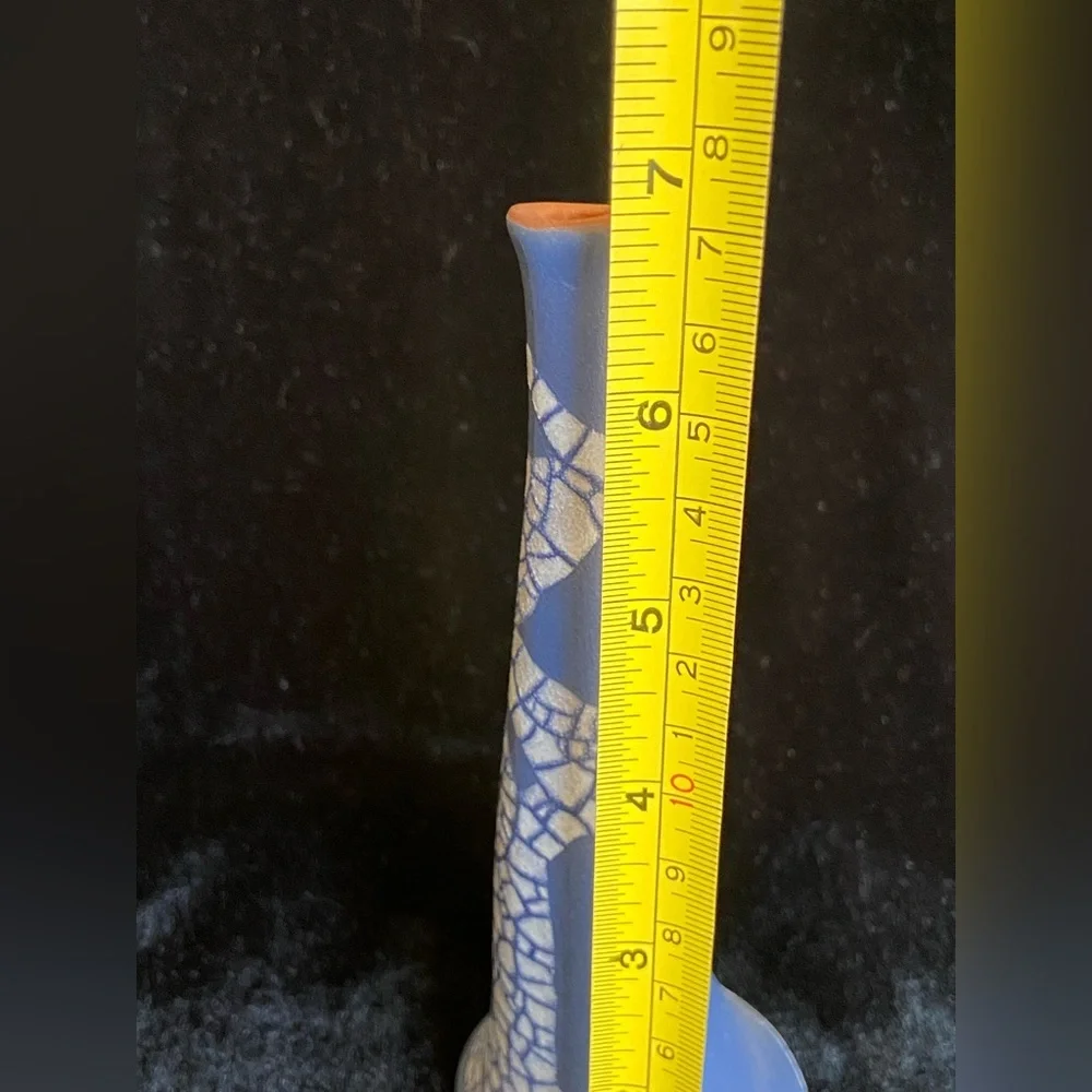 🖤 Modernist Red Clay Crackle Glaze Cobalt Blue Single Stem Bud Vase